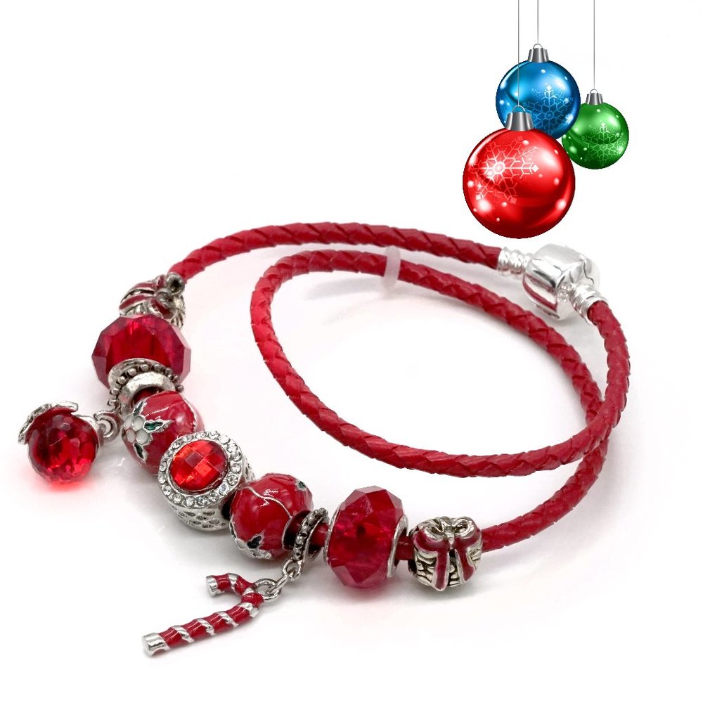 Double leather Euro style Christmas theme bracelet.